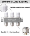 Three Branch Radiant Heat Manifold Stainless Steel PEX Manifold with temperature control handwheels, 304 SS design.