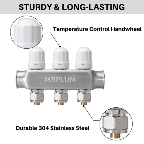 Three Branch Radiant Heat Manifold Stainless Steel PEX Manifold with temperature control handwheels, 304 SS design.