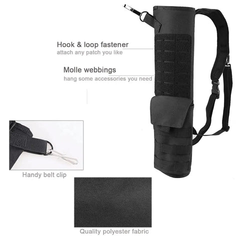 Lightweight Back Archery Quiver, Dual Use Foldable Hip Arrows Bag With MOLLE Pocket, showcasing hook and loop fastener, black.