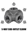 Five Way Side Exit Cross Cast Iron Pipe Fitting For Old School Vintage Style DIY Projects, Furniture And Shelves, Three Quarters Inch Angle Connector, Heavy Duty Malleable Iron Craft For Rustic Industrial Decor