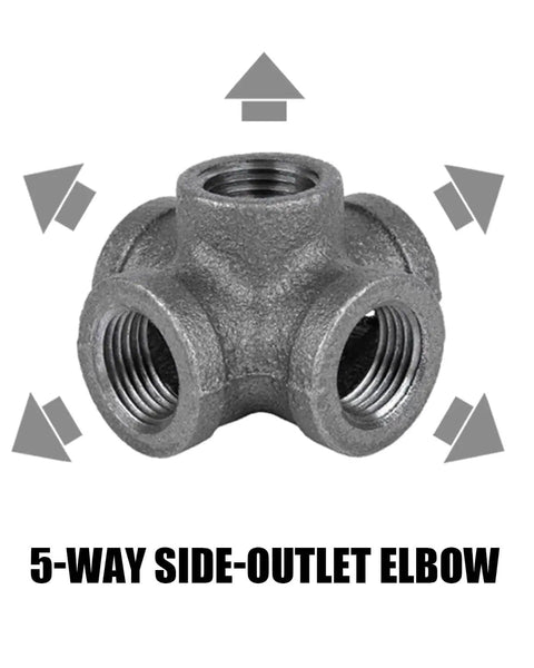 Five Way Side Exit Cross Cast Iron Pipe Fitting For Old School Vintage Style DIY Projects, Furniture And Shelves, Three Quarters Inch Angle Connector, Heavy Duty Malleable Iron Craft For Rustic Industrial Decor