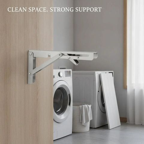 Wall Mount Drop Leaf Table Bracket Stainless Steel Folding Shelf Support installed in laundry room