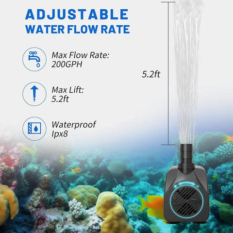 Submersible Water Pump Ultra Quiet 200 GPH Fountain Pump With Overheating Protection 5.2 Ft High Lift in aquarium setting.