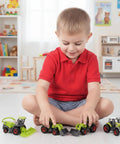 Child playing with Five Piece Green Die Cast Farm Machinery Toys Set With Mini Tractors And Harvesters on a playroom floor.