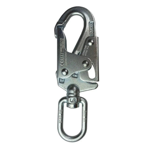 High Visibility Steel Core Flip Line Kit For Tree Climbing With One Half Inch Wire Core Heavy Duty 14 Foot Adjustable Lanyard Low Stretch And Cut Resistant Arborist Gear USA Made showing steel carabiner clip detail