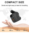 Game Changer 36W Fast Charger With Straight Up Dual Usb C And Universal Usb A Ports For Phones Tablets And Earbuds Compact Wall Car Adapter shown in hand for size reference.