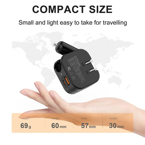 Game Changer 36W Fast Charger With Straight Up Dual Usb C And Universal Usb A Ports For Phones Tablets And Earbuds Compact Wall Car Adapter shown in hand for size reference.