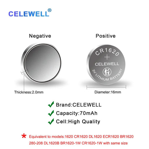 Premium CR1620 3V Lithium Coin Batteries 5 Pack Delivering 70mAh Hardcore Longevity For Key Fob Trackers Car Remotes Digital Devices showing positive and negative sides.