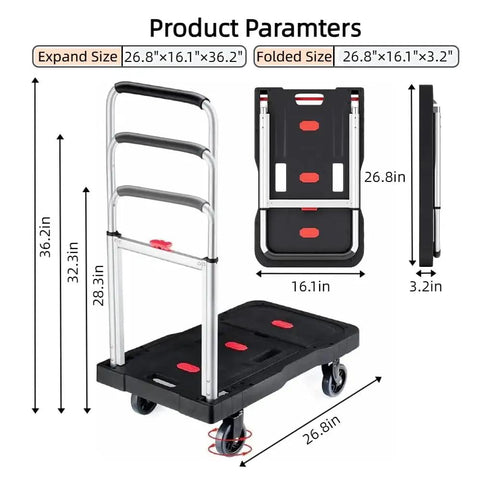 Foldable Hand Truck With 330 Lbs Capacity Heavy Duty Luggage Cart Portable Dolly showing dimensions and adjustable handle