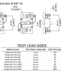 Technical diagram showing measurements and test lead sizes for Three Eighths Inch 300 Amp Auto Circuit Breaker With Manual Reset