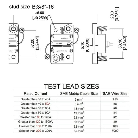 Technical diagram showing measurements and test lead sizes for Three Eighths Inch 300 Amp Auto Circuit Breaker With Manual Reset