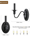 Dimensions of Black Wall Sconces Set Of Two Modern Farmhouse Candle Wall Lamps with matte black finish and E12 bulb compatibility.