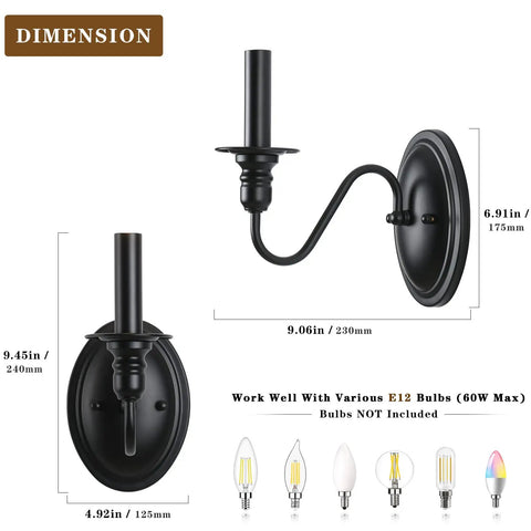 Dimensions of Black Wall Sconces Set Of Two Modern Farmhouse Candle Wall Lamps with matte black finish and E12 bulb compatibility.