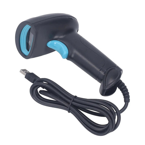 Wired Barcode Scanner With Quick Response Voice Feedback And QR Code Reading For Inventory Management, ergonomic grip, USB cable visible