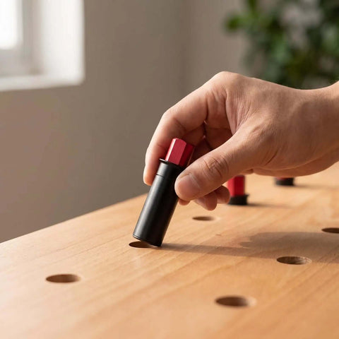 Hand placing Retractable Table Stop For Woodworking, Matte Black Bench Stop with 20mm bench dog into wooden workbench hole