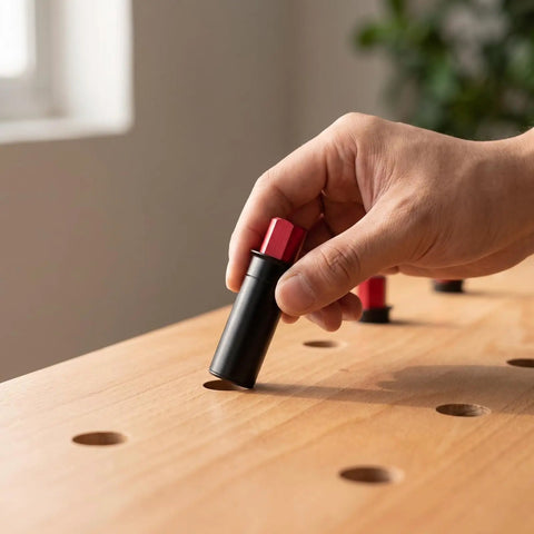 Hand placing Matte Black Retractable Table Stop And Bench Anchor for Workbenches, 20mm diameter, into wooden workbench hole