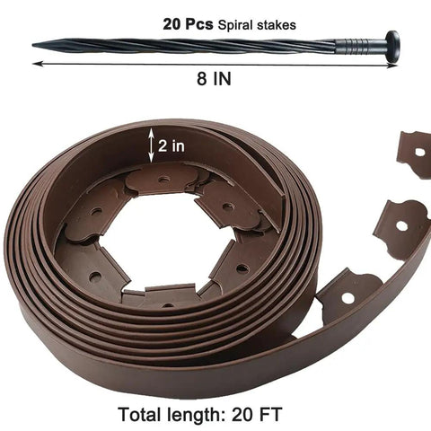 20 Ft Landscape Edging Kit With Brown 2-Inch Tall Border, 20 Easy-Install Plastic Stakes, and 8-Inch Spiral Anchoring Spikes