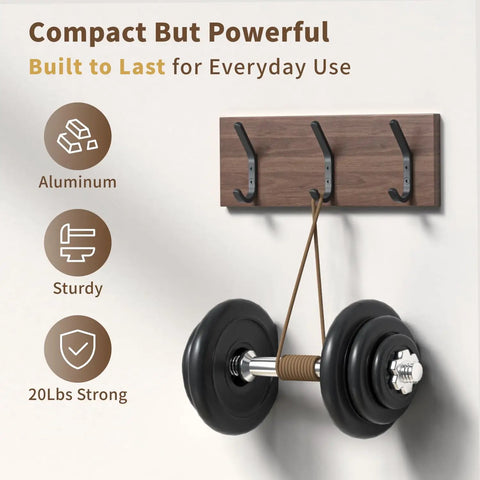 10 Pack Black Wall Hooks With 3.2 Inch Double Hooks For Coats Hats Bags And Keys, Wall Mounted holding a dumbbell
