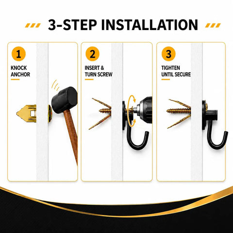 3-step installation guide for 120 Piece Self Drilling Drywall Anchors And Screws Kit With 60 Heavy Duty Steel Anchors