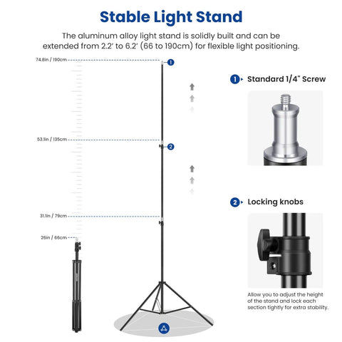 2 Pack Bi Color 660 LED Video Light Kit With Stands For Studio Use Dimmable 3200K To 5600K High CRI 96 Plus light stand diagram