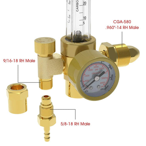 Yeswelder argon/CO2 flowmeter gas regulator with gauge, gold finish, 9/16-18 RH and 5/8-18 RH male fittings