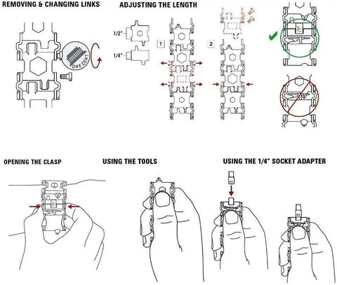 Diagram showing use and adjustment of All In One Multitool Bracelet For Men With Pry Tool And Bottle Opener, 29 In 1 Stainless Steel Wristband.
