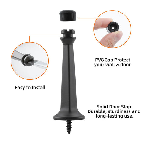 Super Sturdy Three Inch Heavy Duty Door Stops In A Spiffy Twelve Pack Featuring Dang Tough Solid Zinc Alloy Build And A Sleek Matte Black Finish To Safeguard Your Walls With Zero Fuss showing a close-up of installation features.