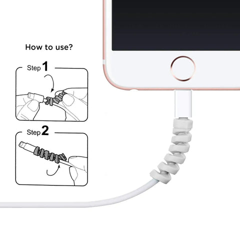 12 Piece Silicone Spiral Charging Cable Protectors For Micro USB And USB Cords, Dope Cable Saver And Shield To Keep Cables Tangle Free, For Phones, Laptops, And Computers, Gray And Black applied to a smartphone cable showing installation steps.