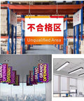Warehouse sign reading 'Unqualified Area' and 'Grand Opening' banners, with ceiling lights and office space visible.