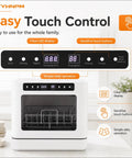 Slick Compact Countertop Dishwasher With Easy Touch Interface and Four Custom Cycles, LED display and touch buttons visible.
