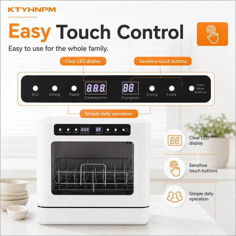 Slick Compact Countertop Dishwasher With Easy Touch Interface and Four Custom Cycles, LED display and touch buttons visible.