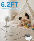 Woman and child playing in tent with fan connected to 6.2ft power cord, emphasizing long reach