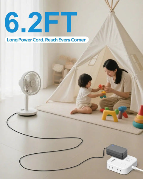 Woman and child playing in tent with fan connected to 6.2ft power cord, emphasizing long reach