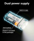 Keychain Flashlight 700 Lumen Dual Power Rechargeable With Lockout Mode showing dual power supply, AAA battery and built-in Lipo.