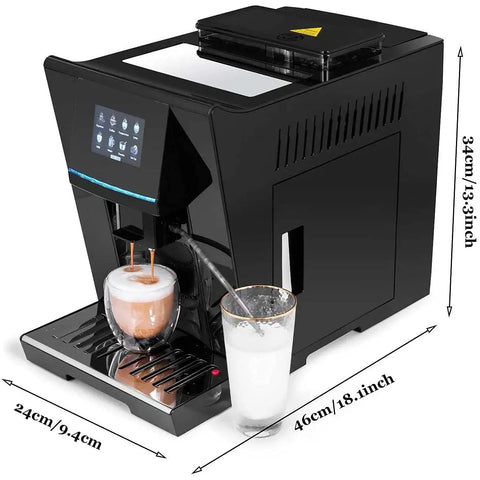 Real Deal Fully Automatic Espresso Machine With Built In Bean Grinder 19 Bar Pump Programmable Smart Coffee Maker Featuring Fast Heating And Auto Cleaning System Black making espresso with frothy milk.