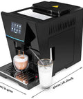 Next Level Fully Automatic Home Espresso Maker With Built In Bean Grinder Programmable Touchpad For Quick Shot Ready Brewing No Fuss Self Wash Cycle In Glossy Black brewing espresso with milk froth served in glass cups.