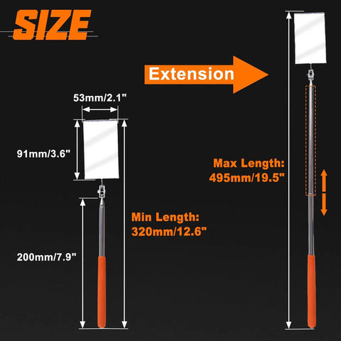 Telescoping Auto Inspection Mirror With 360 Degree Swivel Head Rectangular Mechanic Mirror Extendable Up To 19.5 Inches