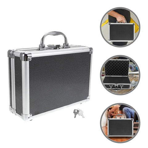 Portable Aluminum Tool Case With Handle Large Capacity Storage Box for DIY projects, shown closed and open with keys and in use.
