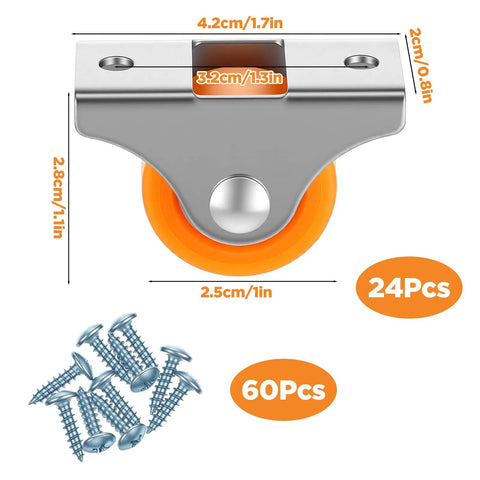24 Pack 1 Inch Fixed Caster Wheels Buttery Smooth Silent TPR Rubber Replacement Casters Featuring Rock Solid Metal Brackets.