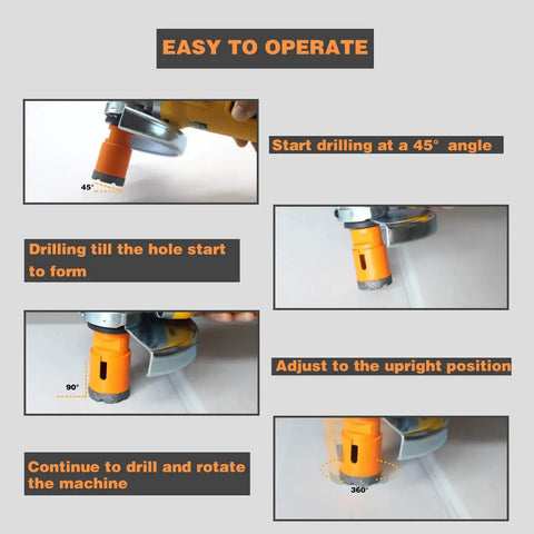 Steps to use Ultimate Diamond Core Drill Bit Kit Pro Grade for Porcelain, Ceramic, Marble, Brick, Granite, Stone shown in images.