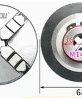 Heavy Duty 63Mm K02-63 Four Jaw Scroll Chuck For Mini Wood Lathe With Hardened Steel Jaws And M14 Mount Thread, top and side view.