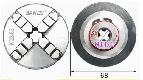 Heavy Duty 63Mm K02-63 Four Jaw Scroll Chuck For Mini Wood Lathe With Hardened Steel Jaws And M14 Mount Thread, top and side view.