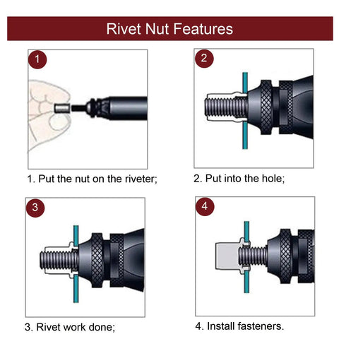 Heavy Duty Rivet Nut Tool Kit With 840 Pieces Of Carbon Steel Flat Head Hardware Nuts And Threaded Inserts For Metal Repair And DIY Projects In All Sizes You Need To Get This Done. Rivet nut installation steps