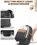 Woman pulling Women Lightweight Rolling Backpack With Wheels For Travel And Work Water Resistant Underseat Carry On Luggage Rolling Laptop Bag Built For Everyday Travel And Boss Level Convenience Beige Brown with smooth rubber wheels on rough ground.