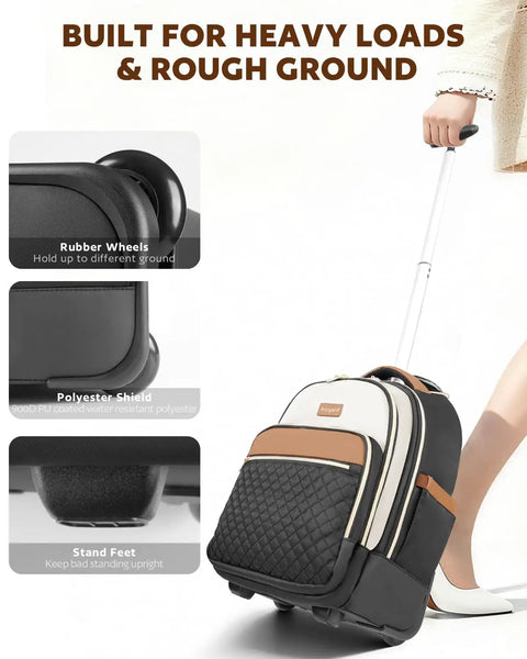 Woman pulling Women Lightweight Rolling Backpack With Wheels For Travel And Work Water Resistant Underseat Carry On Luggage Rolling Laptop Bag Built For Everyday Travel And Boss Level Convenience Beige Brown with smooth rubber wheels on rough ground.