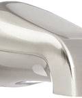 Close-up of spout of Three Handle Tub And Shower Faucet With Five Inch Spout Reach Satin Nickel Finish Easy Install Washerless Cartridge 1.8 GPM Shower Flow Durable Bath Fixture For Modern And Traditional Homes