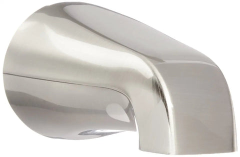 Close-up of spout of Three Handle Tub And Shower Faucet With Five Inch Spout Reach Satin Nickel Finish Easy Install Washerless Cartridge 1.8 GPM Shower Flow Durable Bath Fixture For Modern And Traditional Homes