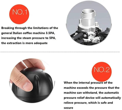 Illustration showing espresso machine 5 bar pump and pressure relief device with text explaining pressure benefits.
