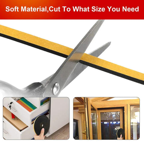 Three Roll Weather Stripping Door Seal Tape 1/4 Inch By 1/8 Inch Foam Self Adhesive Weatherproofing Kit in use with scissors