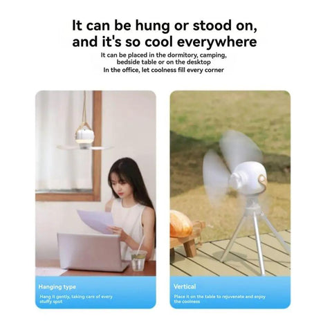 kousoer Ceiling Fans Quiet Remote USB 7200mAh shown as hanging and standing fan in indoor and outdoor settings.